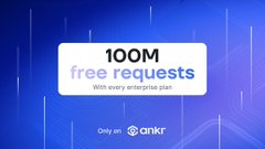 The image features a blue background with white text, which reads "100m free requests" followed by an advertisement for a service called "100m free requests". The text also mentions that this service is available only on Ankr's platform. The main focus of the image is the text and the overall layout, but there are no other objects or elements in the scene.