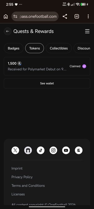 A mobile screenshot of pass.onefootball.com showing a 'Quests & Rewards' page with 1,500 tokens claimed for a Polymarket Debut, along with social media icons and footer links.