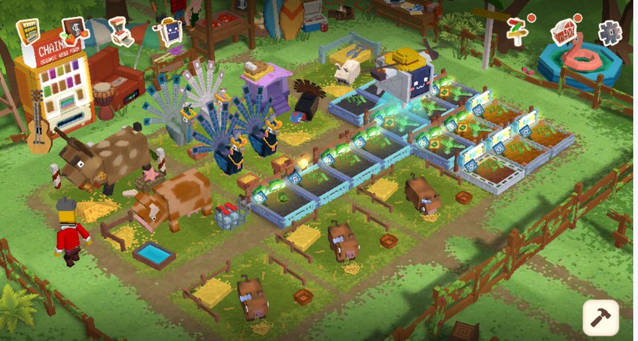 A screenshot of a colorful, isometric farming simulation game featuring characters, animals like a cow, various crops, and farm buildings on a green landscape.