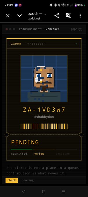 A mobile screenshot of a ZADDR whitelist application page showing the username '@shabbydao' and the code 'ZA-1VD3W7' with a 'PENDING' status.