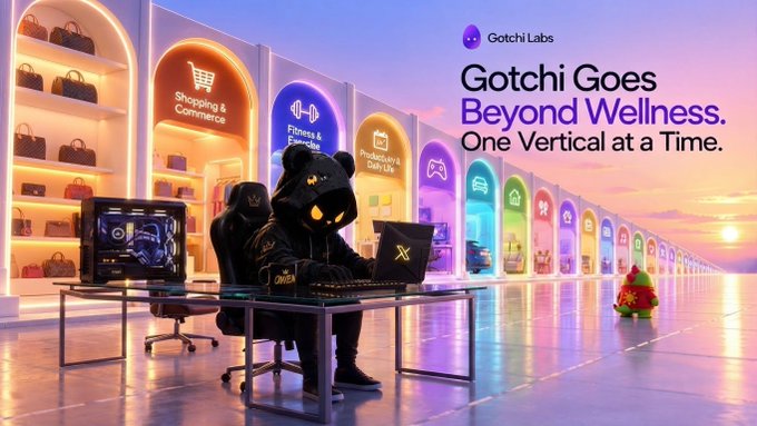 A promotional graphic for 'Gotchi Labs' showing a figure in a bear suit gaming at a desk, with the text 'Gotchi Goes Beyond Wellness. One Vertical at a Time.'