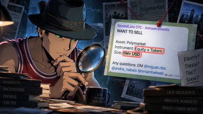An anime-style illustration of a detective with a magnifying glass appears alongside an advertisement reading "SecondLane OTC - Announcements: WANT TO SELL, Asset: Polymarket, Instrument: Equity + Token, Size: 5M+ USD" with contact handles @migueLnbs, @andre_nabais, and @marshakeeb.