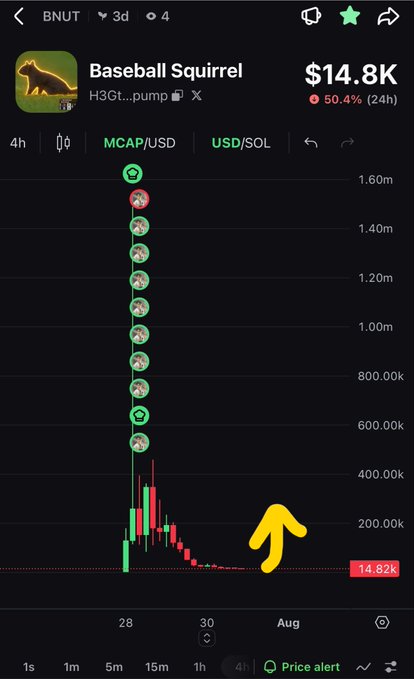 A mobile app screenshot of the "Baseball Squirrel" (BNUT) token showing a market cap of $14.8K with a 50.4% 24h drop, featuring a chart with multiple bear emojis and a yellow arrow pointing to a price dip.