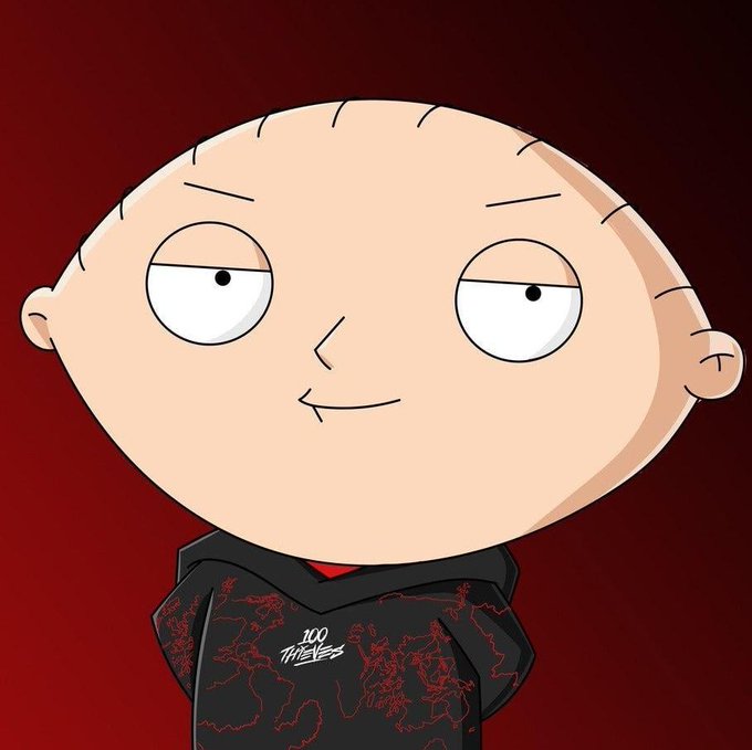 A cartoon character with a large bald head, half-closed eyes, and a smirk, wearing a black hoodie with red designs, set against a dark red background.