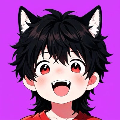 An anime-style illustration of a young character with messy black hair, animal-like ears, red eyes, fanged teeth, and an open-mouthed smile against a purple background.
