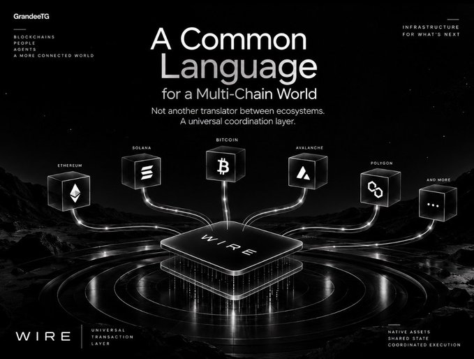 A promotional graphic for WIRE by GrandeloTG titled "A Common Language for a Multi-Chain World," depicting a universal coordination layer connecting blockchains like Ethereum, Solana, Bitcoin, Avalanche, and Polygon.