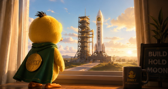 A fluffy yellow duck plush wearing a green "DINKY" cape stands on a windowsill, gazing out at a rocket labeled "DINKY" poised for launch, while a nearby coffee mug and sign reading "BUILD HOLD MOON" reinforce the bullish $DINKY memecoin narrative.