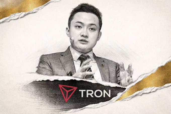 A pencil-sketch style portrait of Justin Sun in a suit speaking, with the TRON logo and 'TRON' text displayed below on a torn paper background.