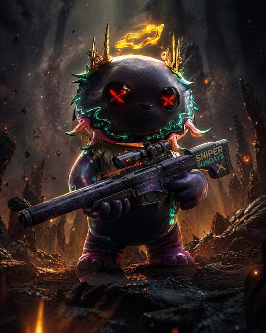 A digital illustration of a dark, stuffed bunny-like character with X-shaped glowing red eyes, a gold halo, and tentacles, holding a sniper rifle labeled 'SNIPER SUNDAYS' in a fiery cave setting.