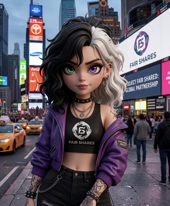A stylized 3D cartoon illustration of a woman with half-black half-white hair and heterochromia (green and purple eyes), wearing a purple jacket and black 'FAIR SHARES' crop top, standing in Times Square.