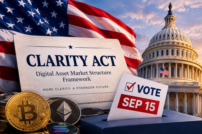 A graphic featuring the U.S. flag and Capitol building displays text for the "CLARITY ACT - Digital Asset Market Structure Framework" with a vote scheduled for "SEP 15," alongside Bitcoin and Ethereum coins.