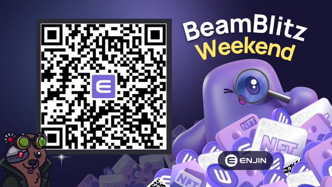 A promotional graphic for Enjin's "BeamBlitz Weekend" featuring a large scannable QR code with the Enjin "E" logo at its center, alongside a purple mascot holding a magnifying glass surrounded by NFT tokens and cubes, with a cartoon badger character in the corner—designed to drive viewers to scan the code and claim the featured Dr. Buildablok NFT.