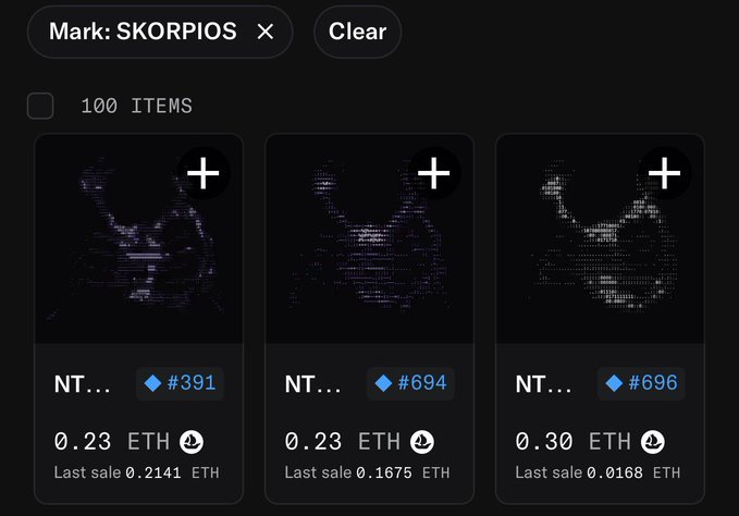 A digital marketplace listing shows 100 NFT items by the artist SKORPIOS, with three visible pieces (#391, #694, #696) priced at 0.23 ETH, 0.23 ETH, and 0.30 ETH respectively. The image illustrates the available Skorpio options someone might consider purchasing instead of or in addition to @0xNTRPY NFTs.