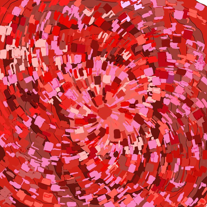 A vibrant, abstract digital painting with red, pink, and maroon rectangular strokes radiating outward in a swirling pattern.