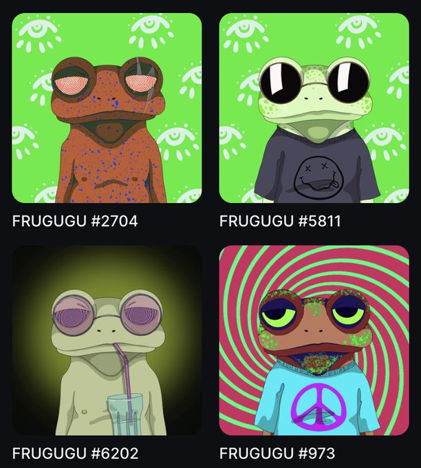 Four variations of psychedelic FRUGUGU NFT frogs displayed on different patterned backgrounds (green eyes, black, dark glow, and pink/green spirals) with IDs #2704, #5811, #6202, and #973.