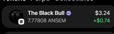A cryptocurrency listing showing 'The Black Bull' token with a verified checkmark, priced at $3.24, up +$0.74, on the Solana network (ANSEM ticker).