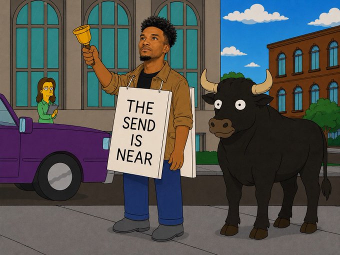 An animated cartoon in The Simpsons style shows a Black man holding a bell and a sign reading 'THE SEND IS NEAR', standing on a street with a large black bull beside him and a purple car in the background.