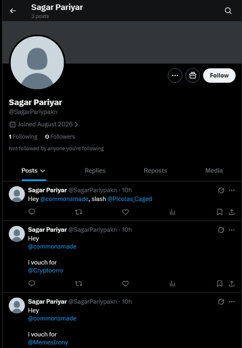 A Twitter/X profile page for 'Sagar Pariyar' (@SagarPariypakxn) showing he joined in August 2026, with 1 Following and 0 Followers, displaying posts tagging @commonsmade, @Cryptoorro, @Memeslrony, and @Picolas.Caged for vouchers.