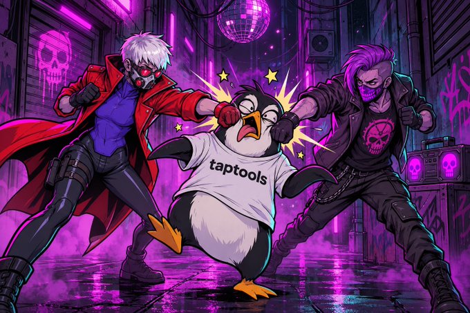 An anime-style illustration of a penguin wearing a 'taptools' t-shirt being grabbed by two armed characters with pink hair and a skull mask in a neon-lit purple alley with a disco ball.