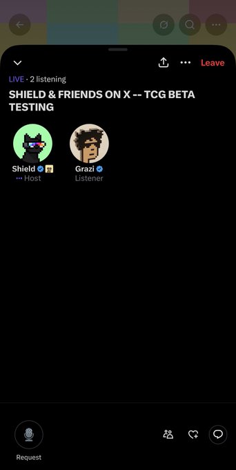 A screenshot of an X (Twitter) Live audio space titled "SHIELD & FRIENDS ON X -- TCG BETA TESTING" featuring host Shield and listener Grazi, aligning with the post inviting users to join the CryptoSpaces discussion with @Shieldmetax.