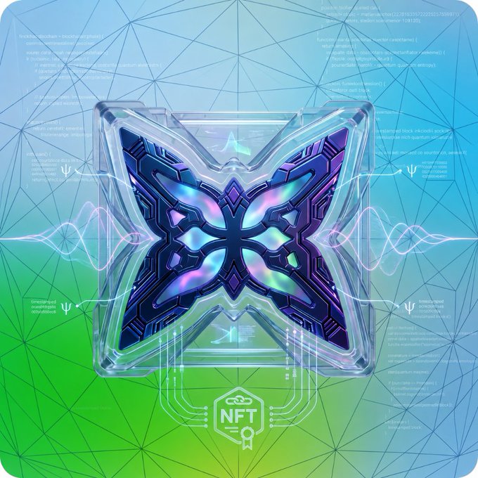 The image features a butterfly design with blue, purple, and green colors. The butterfly appears to be floating or hovering above a computer screen that displays information about the Quip leaderboard and Quantum Echoes. The butterfly's wings are spread out, giving the impression of movement or flight. The background is a mix of blue and green colors, creating a visually appealing contrast with the butterfly design.