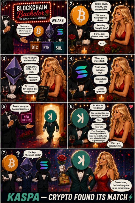 The image features a cartoon strip with six panels, each depicting a different scene related to Bitcoin. The first panel shows a man holding a Bitcoin sign, while the second panel depicts a woman wearing a red dress standing next to a Bitcoin sign. The third panel features a man in a suit and tie holding a Bitcoin sign, and the fourth panel shows a woman with blonde hair also holding a Bitcoin sign. The fifth panel shows a man in a suit and tie walking into a room where a woman is sitting at a table with a Bitcoin sign on it. Finally, the sixth panel depicts a man wearing a suit and tie standing next to a Bitcoin sign.