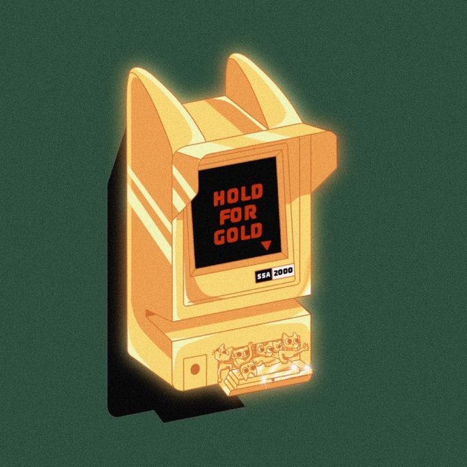 An illustration of a retro gold-colored arcade machine displaying 'HOLD FOR GOLD' with 'SEA 2000' branding and pixel-art characters at the base.