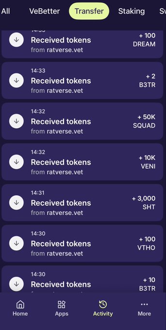 A screenshot of a mobile crypto wallet activity feed showing multiple 'Received tokens' transactions from ratverse.vet, including tokens like DREAM, B3TR, SQUAD, VENI, SHT, VTHO.