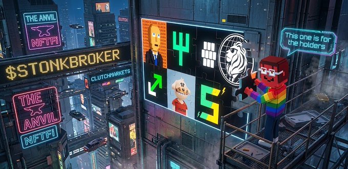 A pixel-art style scene shows a Minecraft-like character in a rainbow shirt standing near a digital billboard displaying the number "4.5" with various NFT avatars, alongside neon signs for "THE ANVIL NFTFI" and "$STONKBROKER CLUTCHMARKETS."