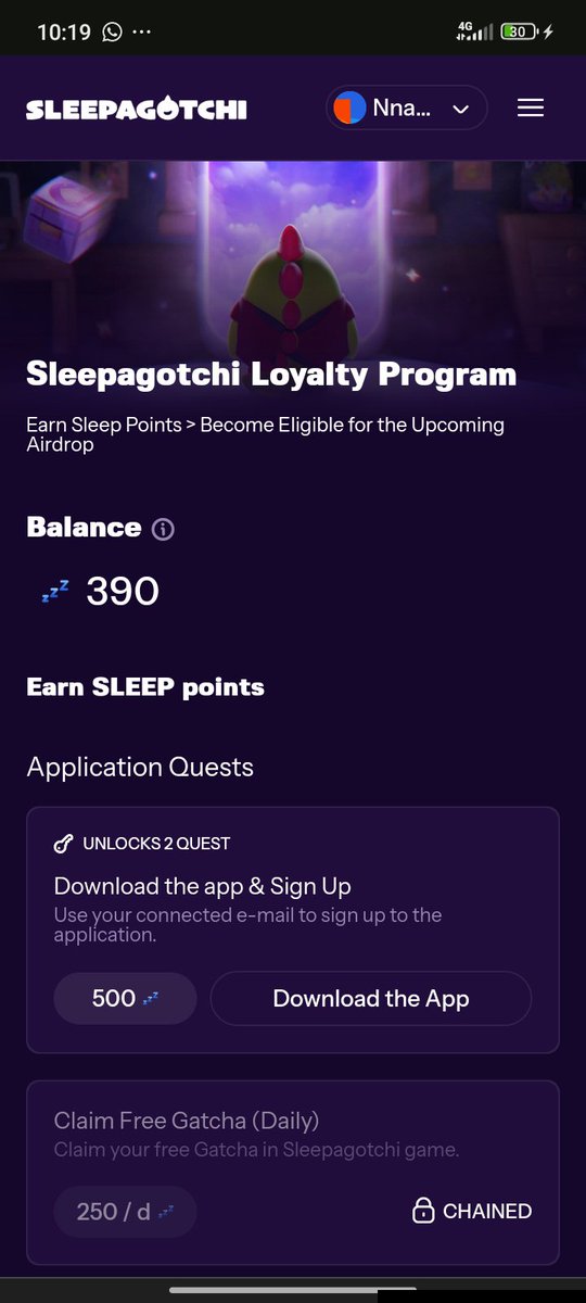 The screenshot displays the Sleepagotchi Loyalty Program page, showing a current balance of 390 Sleep Points with daily quests available, including a "Download the app & Sign Up" task worth 500 points and a "Claim Free Gatcha (Daily)" quest worth 250 points per day. This visually reinforces the post's message about incorporating Sleepagotchi into a daily routine to complete tasks and progress, as the interface highlights the gamified points system designed to keep users engaged.