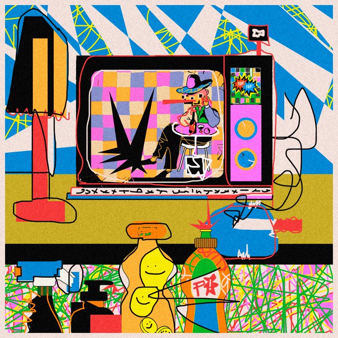 A colorful, abstract pop-art illustration depicts a retro television set displaying a cowboy figure, surrounded by various objects including a smiley face, bottles, and geometric patterns with blue and white stripes.