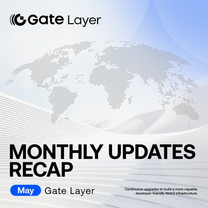 The image is a graphic of an advertisement for Gate Layer products, specifically focusing on the Monthly Update for the Archive feature. The text above and below the image states that "Gate Layer May Product Updates are here! GateScan rolled out Charts & stats for visualized on-chain data; x402 added Upto pay-as-you-go with updated developer docs; Batch-Settlement payment mode launched on x402 to improve developer payment structure." The background of the image is a white and blue speckled pattern. The main focus appears to be the text, which highlights that there are updates available in the Archive feature for this month, providing more details about what can be found within it.