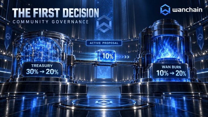 A futuristic blue scene titled 'THE FIRST DECISION - COMMUNITY GOVERNANCE' for Wanchain, displaying an active proposal to adjust the treasury from 30% to 20% and WAN burn from 10% to 20%.