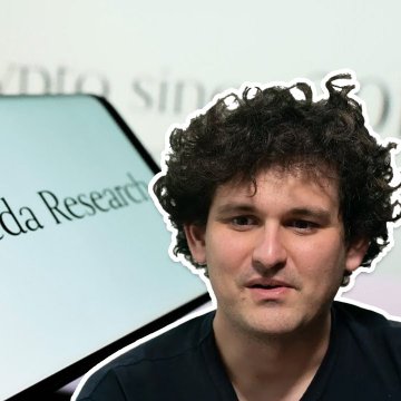 A man with curly dark hair and a neutral expression is shown in the foreground, with text reading "Alameda Research" visible in the background. The image relates to the post about Alameda Research unstaking a large position of SOL tokens, connecting the visual to the company mentioned in the news.