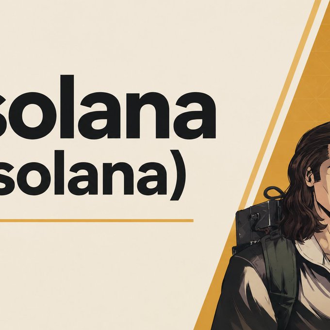 Abstract illustration showing partial text 'solana solana)' in black on a cream background, with a stylized figure carrying a backpack on the right side.