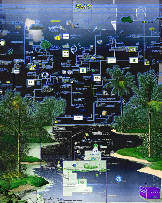 A complex digital mind map or flowchart overlays a tropical scene of palm trees and water, featuring interconnected nodes, text annotations, and Japanese characters.