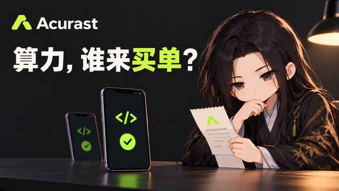 A promotional graphic featuring the Acurast logo and the Chinese text '算力，谁来买单？' (Who pays for computing power?), alongside an anime-style girl holding a receipt next to two smartphones displaying code symbols.