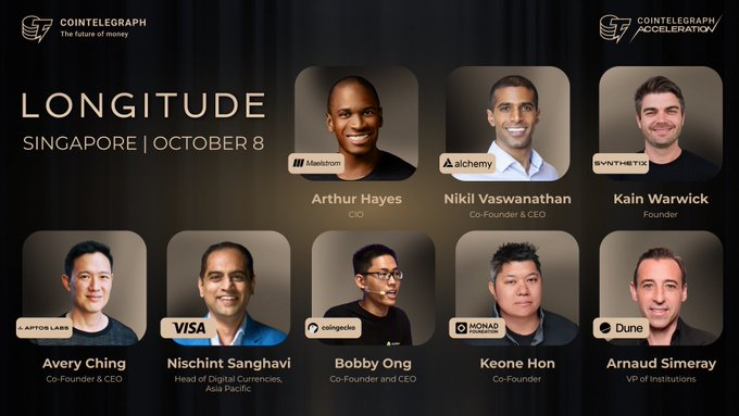 A promotional graphic for 'Cointelegraph Longitude Singapore | October 8' featuring headshots and titles of speakers including Arthur Hayes (CIO of Maelstrom), Nikhil Viswanathan (Co-Founder & CEO of Alchemy), and others from Synthetix, Aptus Labs, Visa, Aligned, Nomad, and Dune.