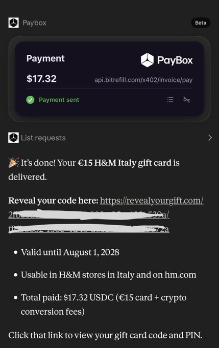 A screenshot from MoonPay's Paybox app showing a successful $17.32 payment that delivered a €15 H&M Italy gift card to the user, with details including the reveal code link, an expiration date of August 1, 2028, and confirmation that it's usable in H&M stores in Italy and on hm.com. The image illustrates the user's post about quickly purchasing an H&M gift card with crypto via MoonPay's Paybox feature.
