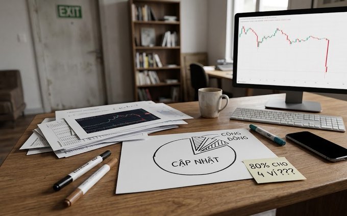 A home office workspace shows a desk with printed trading charts, a coffee mug, and a computer monitor displaying a downward price chart, with a hand-drawn pie chart labeled 'CẬP NHẬT' and sticky notes about Vietnamese stock performance.