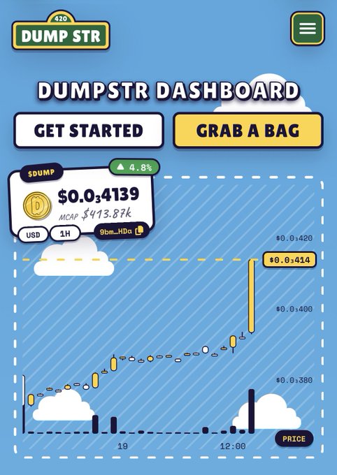A screenshot of the 'Dumpstr Dashboard' showing the price of the $DUMP token at $0.04139 with a market cap of $413.87k, featuring a 1-hour price chart.