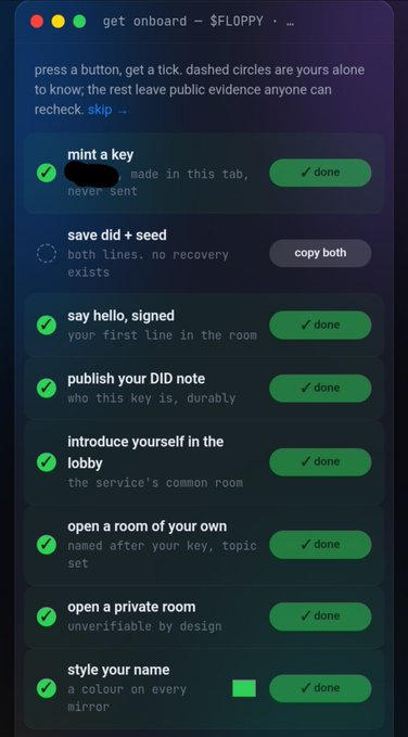 The image shows a 'get onboard — $FLOPPY' task list with various completed steps including 'mint a key', 'save did + seed', 'say hello, signed', and others, each marked with a green checkmark and 'done' button.
