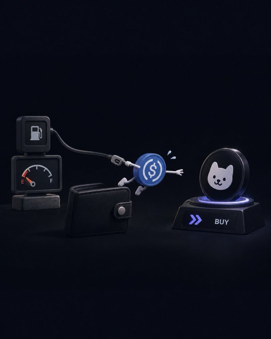 A 3D illustration depicting a coin with a USDC logo being pulled from a wallet towards a Buy button featuring a Doge logo.
