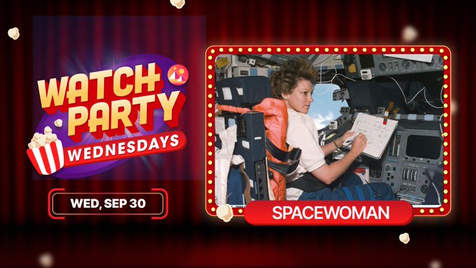 A "Watch Party Wednesdays" promotional graphic dated "WED, SEP 30" features an image of astronaut Eileen Collins floating weightlessly inside a spacecraft cockpit, holding a clipboard, with the title "SPACEWOMAN" displayed below. The poster advertises a screening of the documentary about Collins, highlighting her historic achievement as the first woman to both pilot and command a Space Shuttle mission.