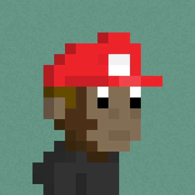 A pixel art portrait of a person wearing a red cap and a black shirt against a textured teal background.