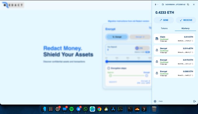 A computer screen displaying a crypto wallet interface with the tagline 'Redact Money. Shield Your Assets,' showing a balance of 0.4233 ETH and transaction history.