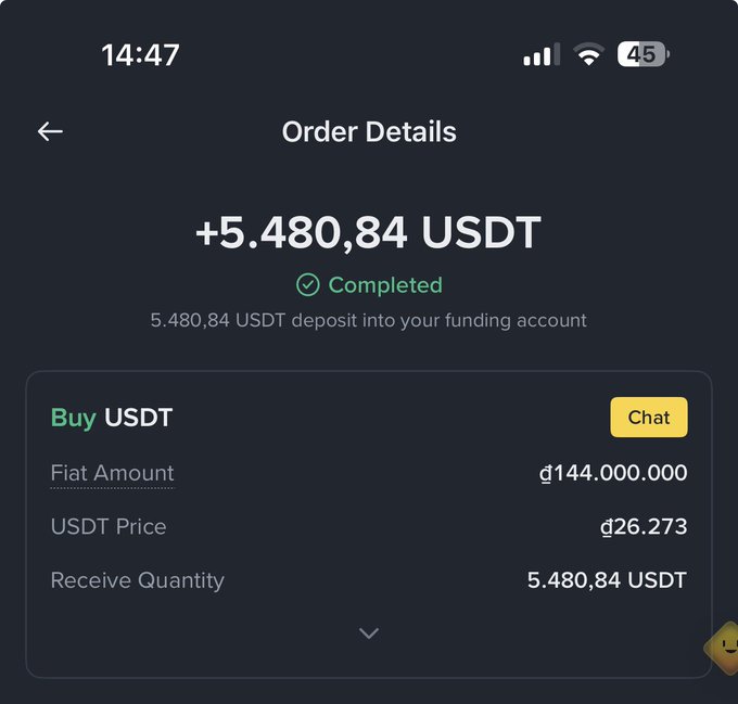 A mobile app screenshot showing a completed order for +5,480.84 USDT deposit into a funding account, with fiat amount of ₡144,000,000 at a rate of ₡26.273 per USDT.