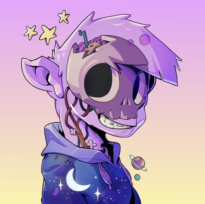 A stylized cartoon illustration of a purple skeleton character with large black eyes, spiky hair, and a galaxy-patterned hoodie with a moon design, set against a pastel gradient background with stars and a small planet.