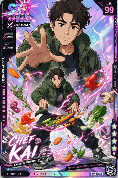 An anime-style collectible card labeled 'SSR CHEF KAI,' LV. 99, LIMITED EDITION, depicting a young chef wielding a knife with vegetables floating around him.