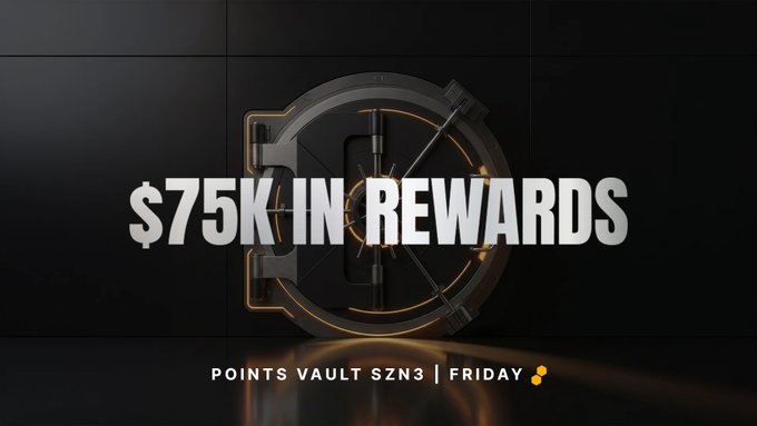 Promotional graphic for Points Vault SZN3 announcing '$75K IN REWARDS' on Friday, featuring a vault door background.